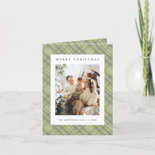 Moderne saliegroene geruite familiefoto Kerstmis Feestdagen Kaart