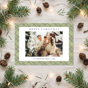 Moderne saliegroene geruite familiefoto Kerstmis Feestdagenkaart