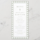 Moderne saliegroene geruite jongensdoop menu (Voorkant)