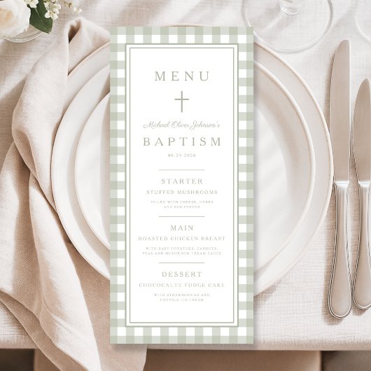 Moderne saliegroene geruite jongensdoop menu