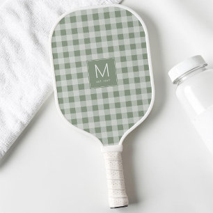 Moderne Saliegroene Gingham Monogram Vastgestelde  Pickleball Paddle
