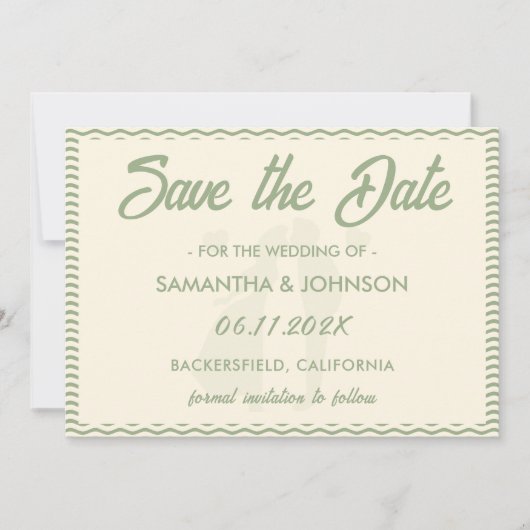 Moderne saliegroene golvende streep bruiloft save the date (Voorkant)