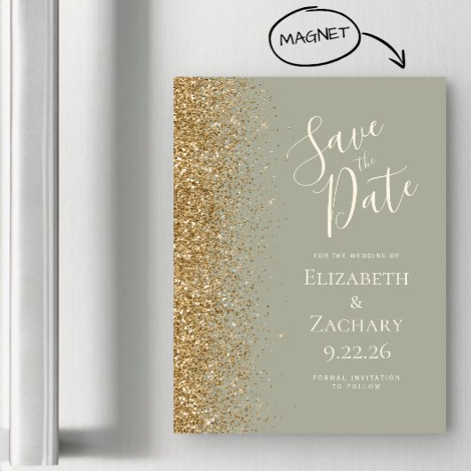 Moderne saliegroene gouden save the date magnetisc