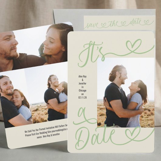 Moderne saliegroene hartendief bruiloft save the date