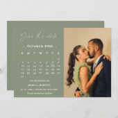 Moderne saliegroene kalender foto save the date kaart (Voorkant / Achterkant)