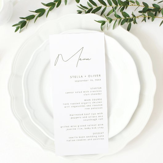 Moderne Saliegroene Kalligrafie Bruiloft Menu