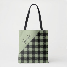 Moderne saliegroene kariert patroon naam tote bag