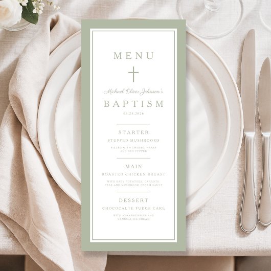 Moderne saliegroene kruis jongensdoop menu