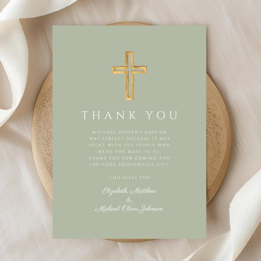 Moderne saliegroene kruisdoop bedankkaart