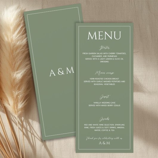 Moderne saliegroene minimalistische bruiloft menu