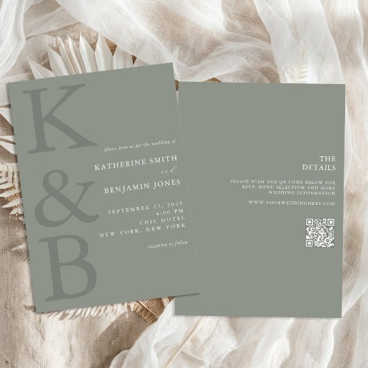 Moderne saliegroene monogram bruiloft alles-in-één kaart