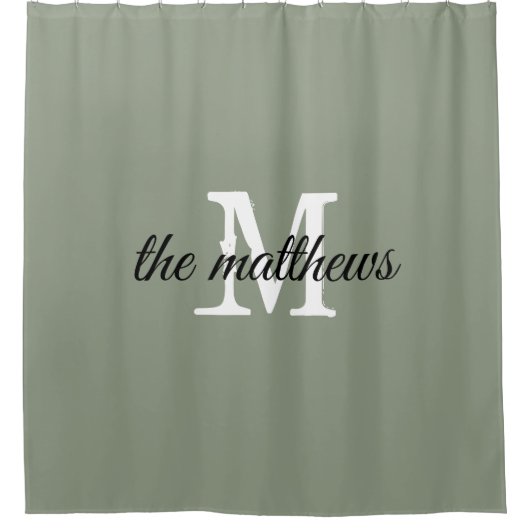 Moderne saliegroene monogram familienaam douchegordijn (Voorkant)