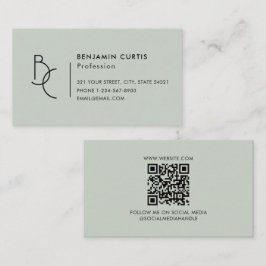 Moderne Saliegroene Monogram Minimalistische QR-co Visitekaartje