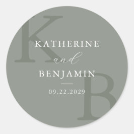 Moderne Saliegroene Monogram Minimalistische Trouw Ronde Sticker