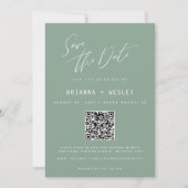 Moderne saliegroene QR-code foto save the date (Voorkant)