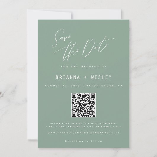 Moderne saliegroene QR-code foto save the date (Voorkant)