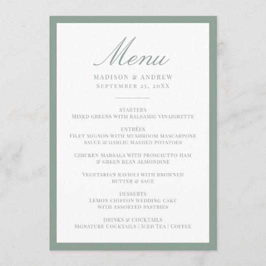 Moderne saliegroene rand bruiloft menu (Voorkant)