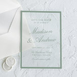 Moderne saliegroene rand trouw save the date acryl uitnodigingen<br><div class="desc">Maak uw trouwfeest bekend met natuurlijke elegantie met behulp van deze saliegroene rand acryl save-the-datekaart. Een gracieus saliegroen frame omringt het ontwerp op een heldere acryl achtergrond, waardoor een lichte en tijdloze presentatie ontstaat. Vloeiende kalligrafie toont de namen van het paar, terwijl klassieke serif-lettertypes de datum, het tijdstip en de...</div>