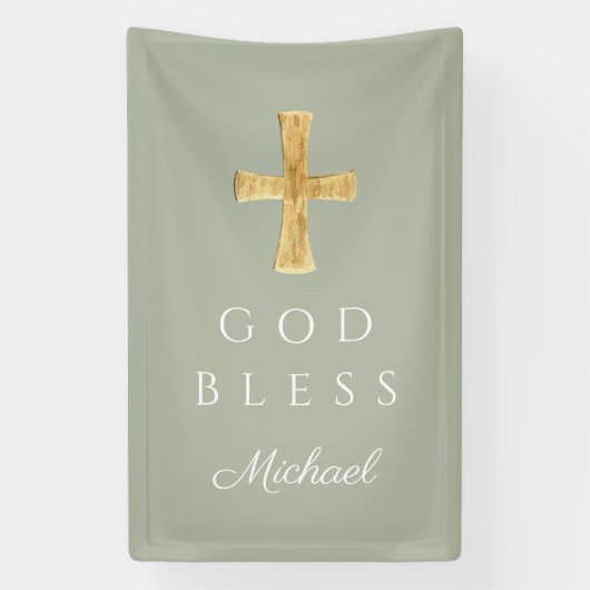 Moderne saliegroene religieuze kruis God zegene Spandoek (Verticaal)