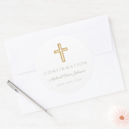 Moderne saliegroene religieuze kruis jongensbevest ronde sticker