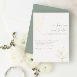 Moderne Saliegroene Script Botanische Trouw Goud Folie Uitnodiging