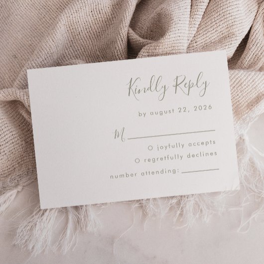 Moderne saliegroene script bruiloft RSVP kaartje