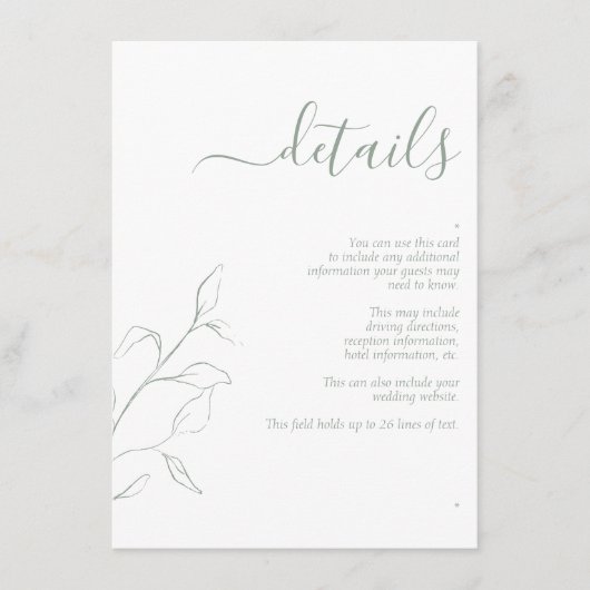 Moderne saliegroene script huwelijksdetails bijlag informatiekaartje (Voorkant)