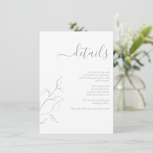 Moderne saliegroene script huwelijksdetails bijlag informatiekaartje (Staand voorkant)