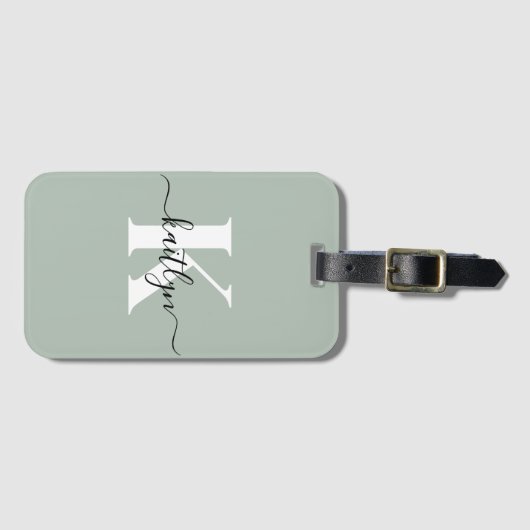 Moderne Saliegroene Script Monogram Bagagelabel (Voorkant (horizontaal))