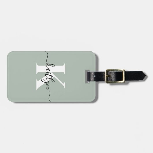 Moderne Saliegroene Script Monogram Bagagelabel (Voorkant horizontaal)