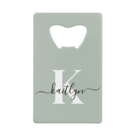 Moderne saliegroene script monogram creditkaart flessenopener