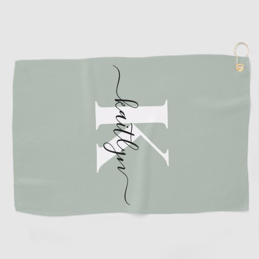 Moderne saliegroene script monogram golfhanddoek (Horizontaal)