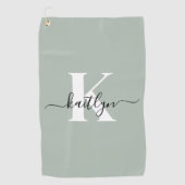 Moderne saliegroene script monogram golfhanddoek (Voorkant)