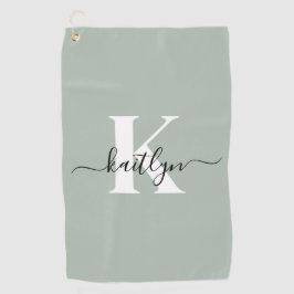 Moderne saliegroene script monogram golfhanddoek