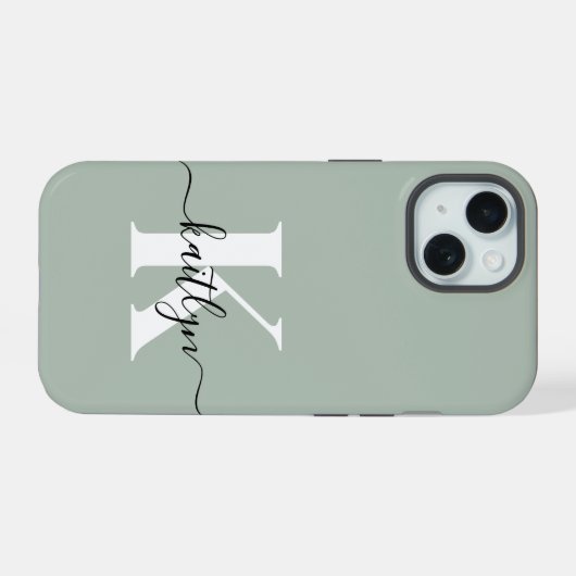 Moderne saliegroene script monogram iPhone 15 case (Achterkant horizontaal)