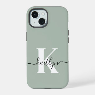 Moderne saliegroene script monogram iPhone 15 case