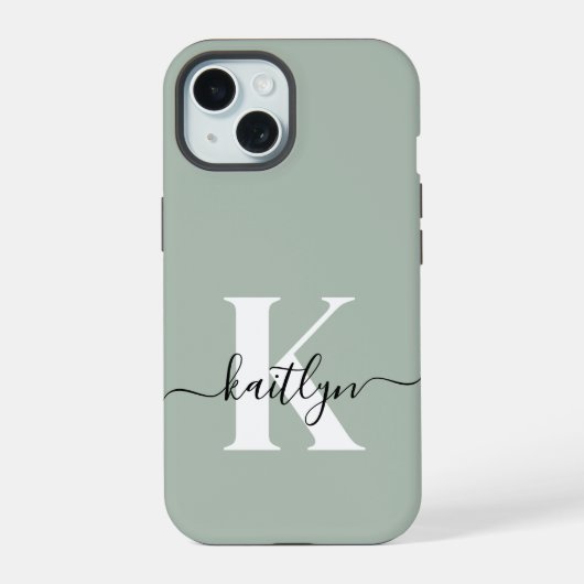 Moderne saliegroene script monogram iPhone 15 case (Achterkant)