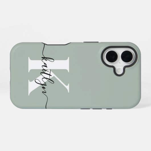 Moderne saliegroene script monogram iPhone 16 hoesje (Achterkant horizontaal)