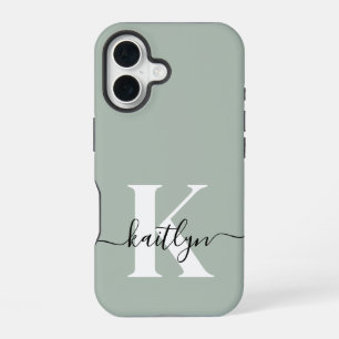 Moderne saliegroene script monogram iPhone 16 hoesje