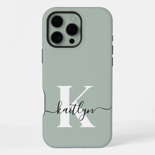 Moderne saliegroene script monogram iPhone hoesje (Achterkant)