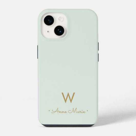 Moderne saliegroene script monogram iPhone hoesje (Achterkant)