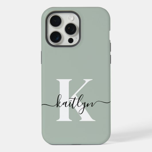 Moderne saliegroene script monogram iPhone hoesje (Achterkant)