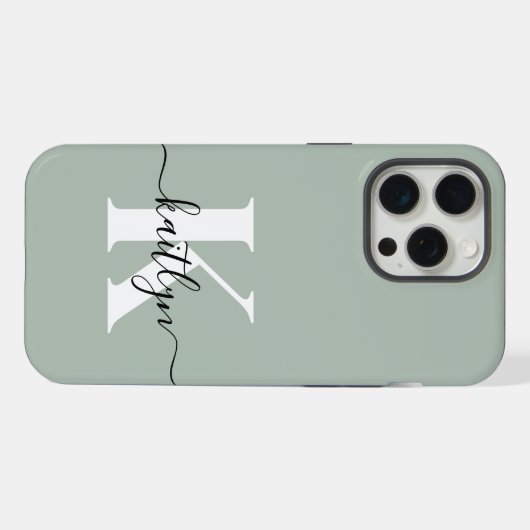 Moderne saliegroene script monogram iPhone hoesje (Achterkant horizontaal)