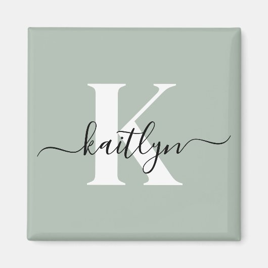 Moderne Saliegroene Script Monogram Magneet (Voorkant)