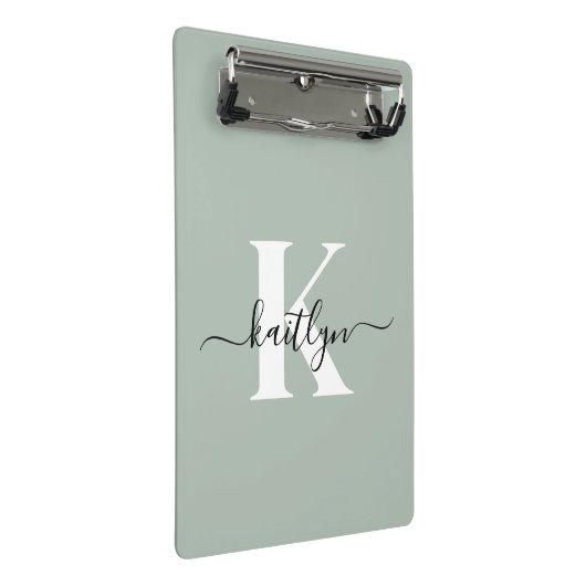 Moderne saliegroene script monogram mini klembord (Schuin)