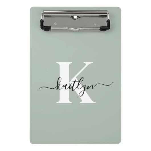 Moderne saliegroene script monogram mini klembord (Voorkant)
