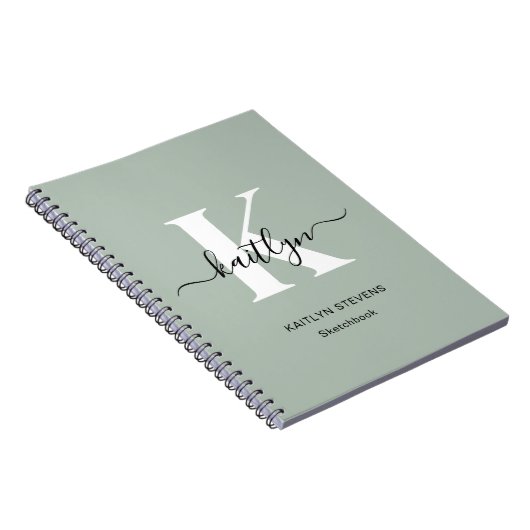 Moderne saliegroene script monogram notitieboek (Rechterzijde)