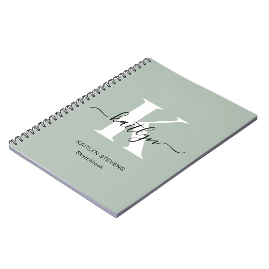 Moderne saliegroene script monogram notitieboek (Linkerzijde)