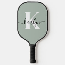 Moderne saliegroene script monogram pickleball paddle