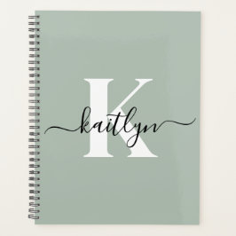 Moderne saliegroene script monogram planner